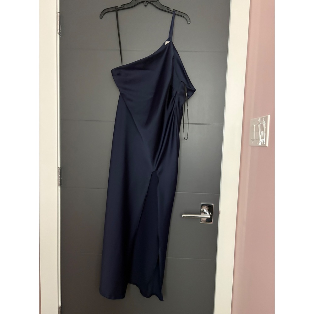 ASOS Navy Blue Satin One Shoulder Midi Dress Cowl Neck High Slit Size US 8
